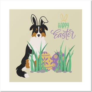 Tricolor Australian Shepherd Dog with Bunny Ears and Happy Easter with Egg Posters and Art